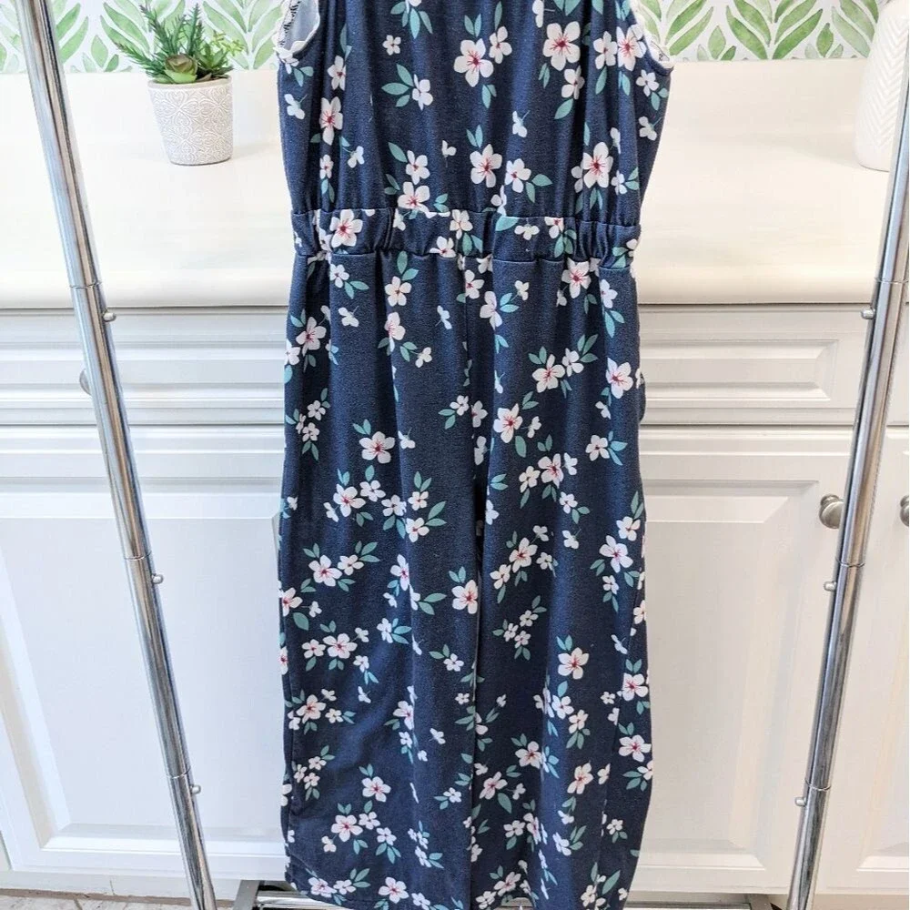 Girls Navy Blue Floral Jumpsuit pull on size 14 Spring School Fall